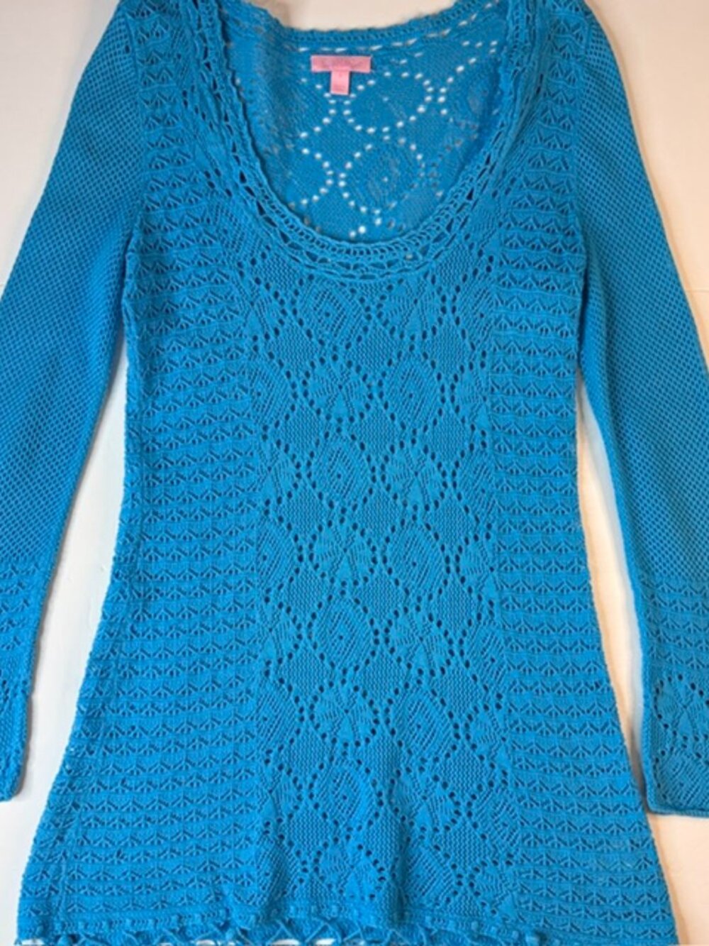 Lilly Pulitzer Blue Athena Tunic Sweater S Crochet Cotton Knit Coastal Pom Pom